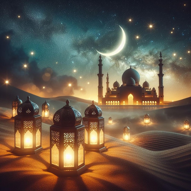 Photo lanterns over the desert with a crescent moon and galaxy in the background ramadan kareem and eid alfitr ai generated