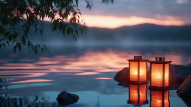 Photo lanterns floating on calm lake at dusk