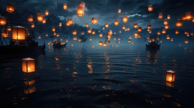 Photo lanterns floating on the water in the night sky ai generated image