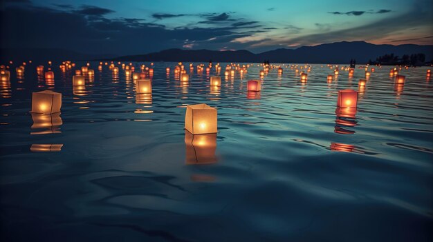 Lanterns floating in the water at night