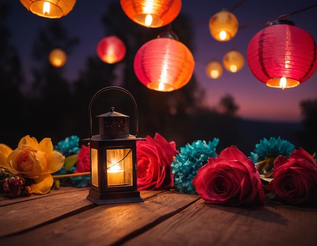 lanterns and flowers on a wooden table