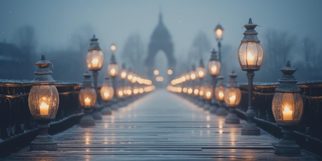 Lanterns gloeien zachtjes over een bevroren brug in de avondnevel.