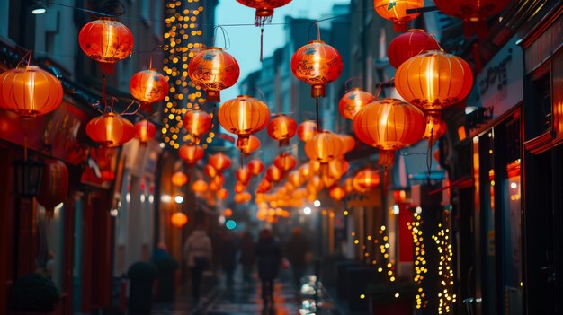 lanterns hanging from the ceiling of a narrow alley in a city generative ai