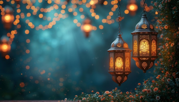 lanterns hanging from a tree with lights in the blur background