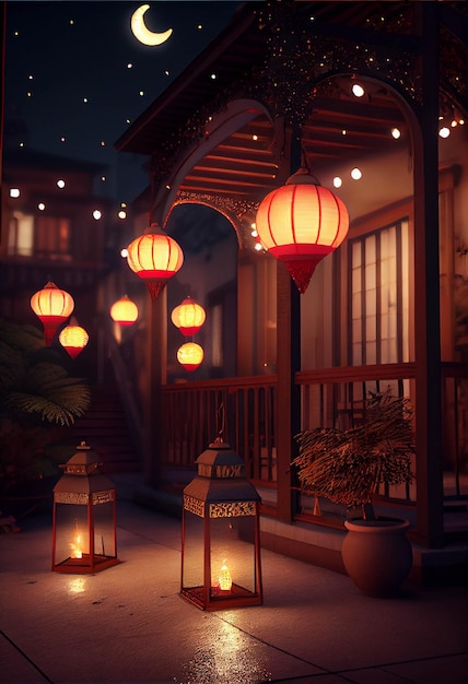 Lanterns lit up in front of a house at night generative ai