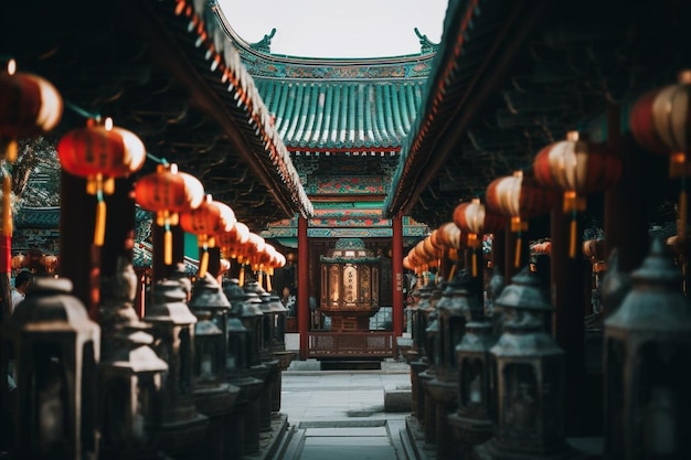 Lanterns met Chinese woorden betekenen aardegod in de tempel.