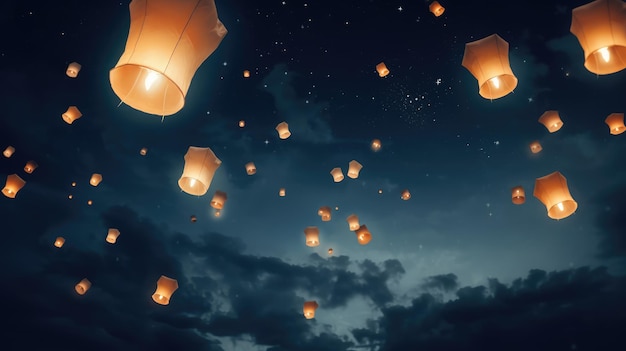 Photo lanterns in the night sky ai generated image