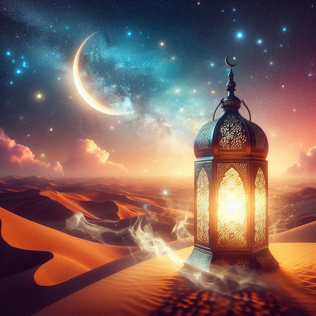 写真 砂漠の上のランタンは半月と銀河が背景にありラマダン・カリームとイード・アル・フィトール aiが生成しました