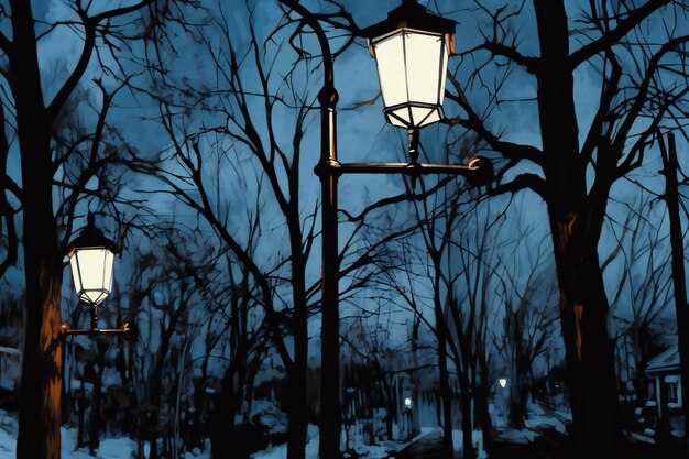 Lanterns in the park at night Winter landscape