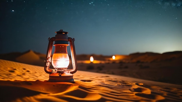 Lanterns shine in the desert at night background