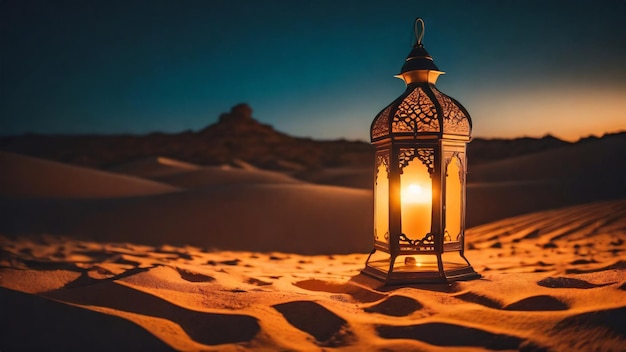 Lanterns shine in the desert at night background