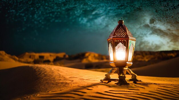 写真 夜の背景に砂漠にランタンが輝く