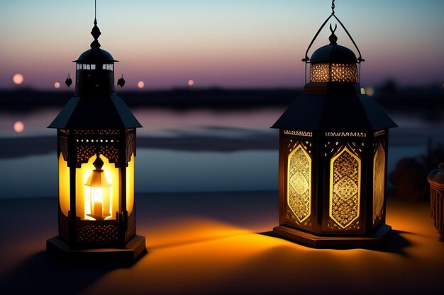 Lanterns on a table at night with the sky in the background