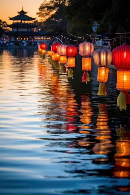 lanterns over the water during sunset generative ai