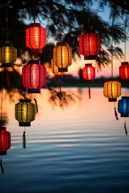 해가 지는 동안 물 위에 있는 등불 (Lanterns over the water during sunset generative ai)