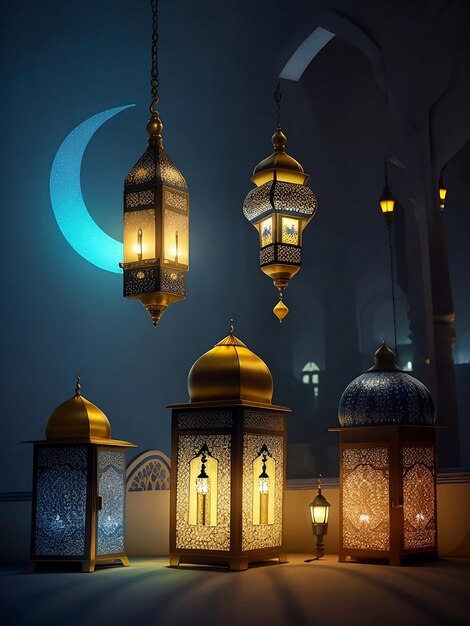 lanterns with a painted crescent moon in the background