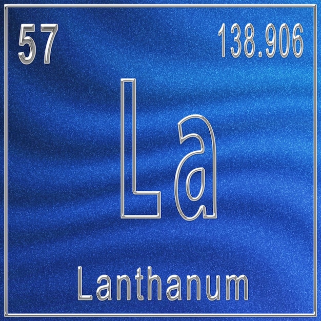 Lanthaan scheikundig element, bord met atoomnummer en atoomgewicht, periodiek systeemelement