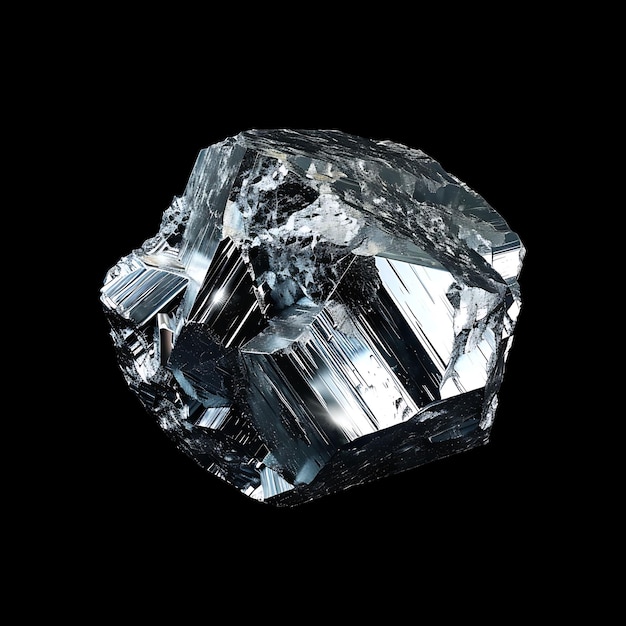 Photo lanthanum ore in a hexagonal shape silver color and a mirror earth material isolated on black bg