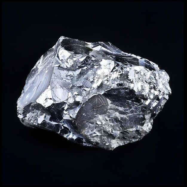 Photo lanthanum ore with rounded shape silvery white color and met earth material isolated on black bg