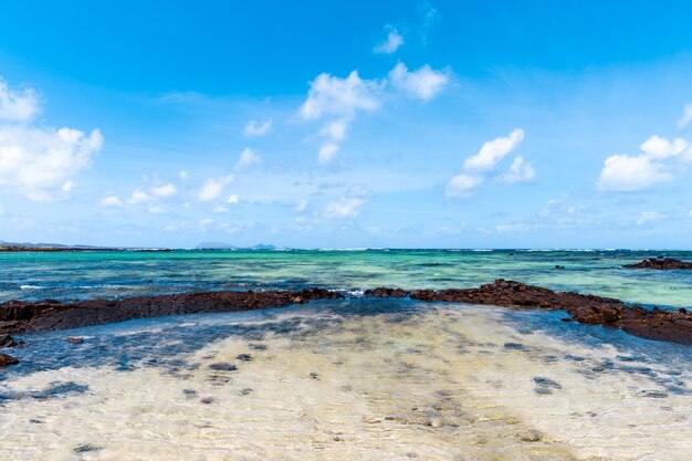 Lanzarote aan de voet van enorme vulkanische kliffen, vanaf het strand van Caleton Blanco. De voorgrond wordt gedomineerd door een gebogen windscherm van lavasteen ondergedompeld in azuurblauw zeewater.