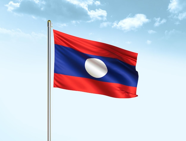 Laos national flag waving in blue sky with clouds Laos flag 3D illustration