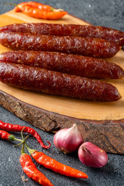 Lap cheong or chinese sausage are dried pork sausages