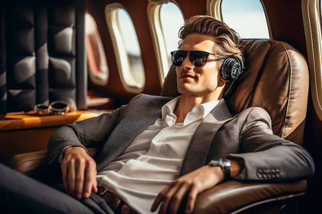 In the Lap of Luxury Successful Handsome Businessman Unwinds on His Private Jet Generative AI