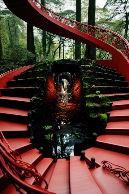 Photo lapo descending through a neverending spiral of red brick