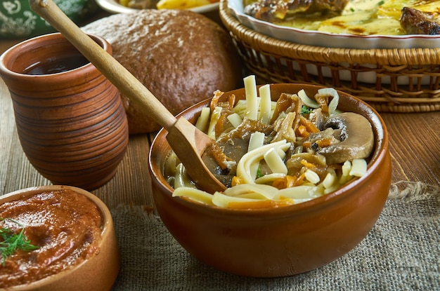 Lapsha gribnaya - tagliatelle ai funghi, cucina classica russa del xix secolo, piatti assortiti, vista dall'alto.