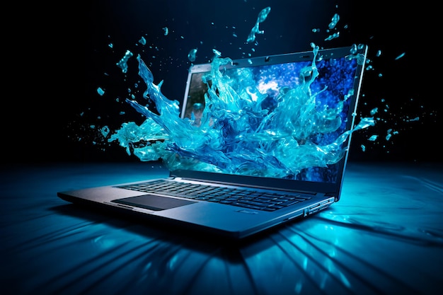 Laptop and abstract splashes from it AI generated