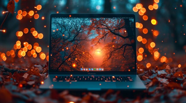 Laptop in the autumn forest laptop with cozy autumn forest screen background