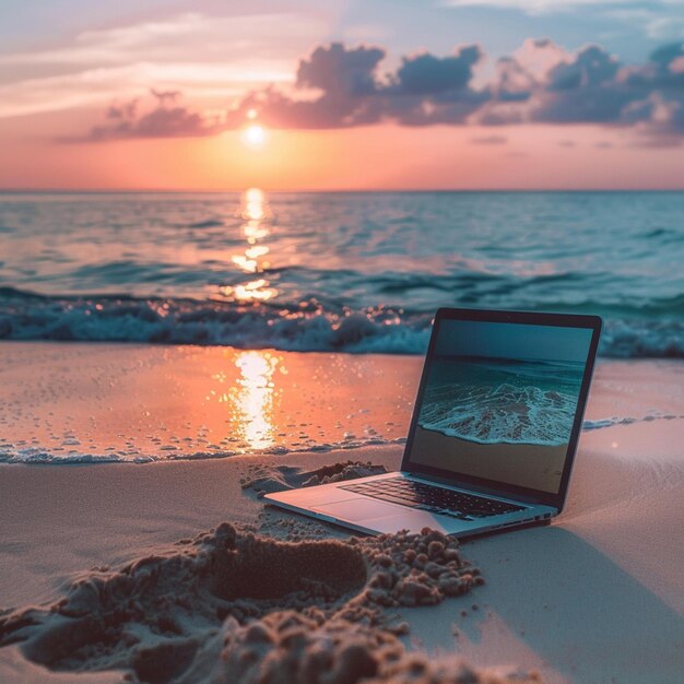 Photo a laptop on a beach with the sun setting behind it