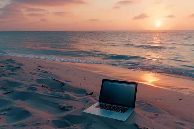 Photo a laptop on a beach with the sun setting behind it