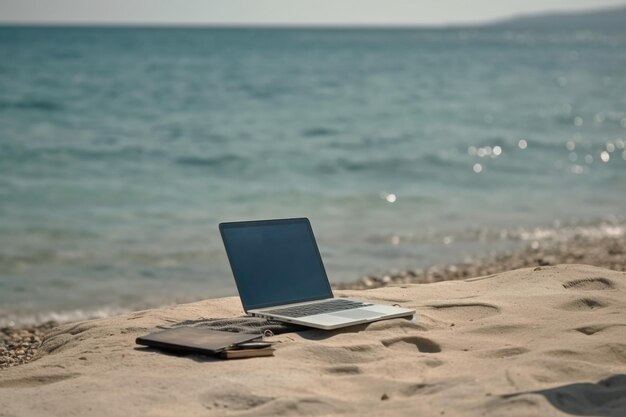 A laptop on a beach with the word laptop on it