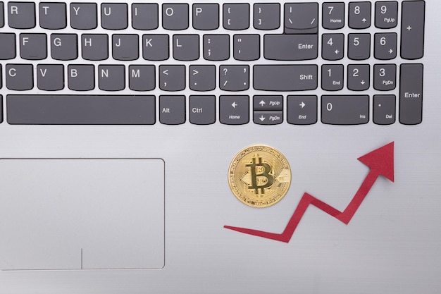 Laptop bitcoin and growth arrow on gray background\
cryptocurrency the rise in the value of bitcoin