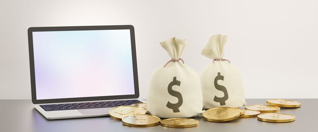 Laptop blank screen with money bag and golden coin. Image for financial business concept. 3D illustration rendering image.