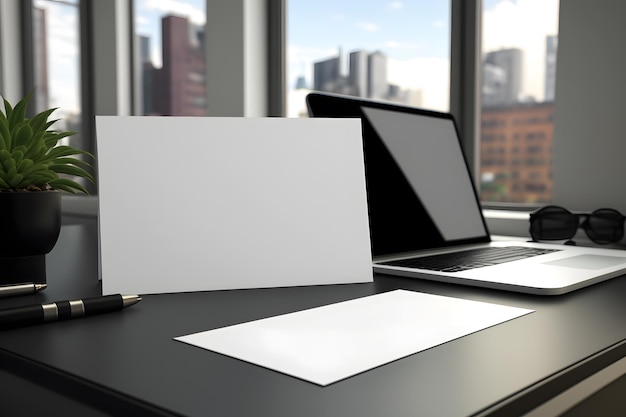 Photo a laptop and a blank sheet of paper are on a desk in front of a window.