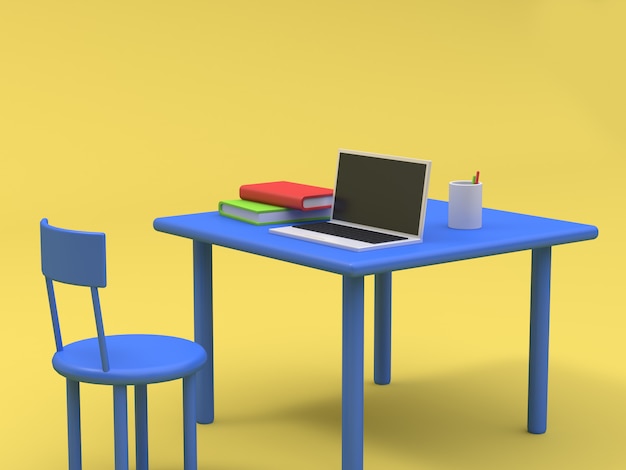 Laptop on blue table and book cartoon style yellow background 3d rendering