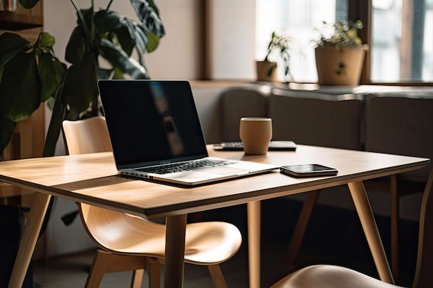 Laptop in blurry background with a wooden table empty