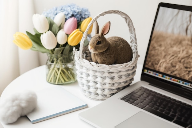 A laptop book basket and Easter decorations are on a table near a light wall