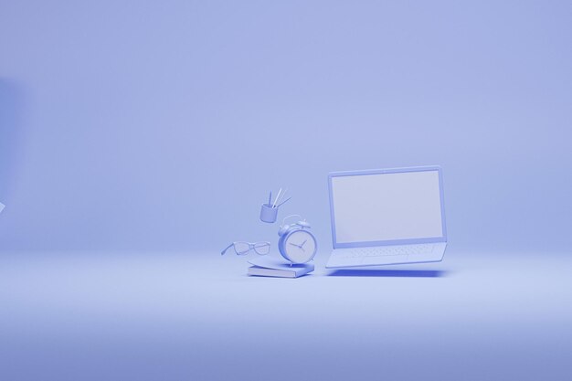 Laptop and book clock floating in purple background 3d render