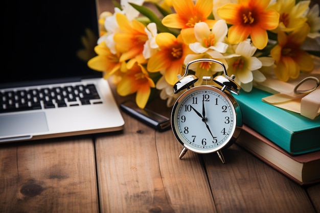 Laptop book flower alarm clock on wooden background viewed from above coexisting elegantly