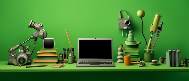 Laptop and books on the desk in front of green wall background