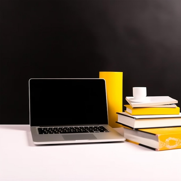 Laptop and Books Front View