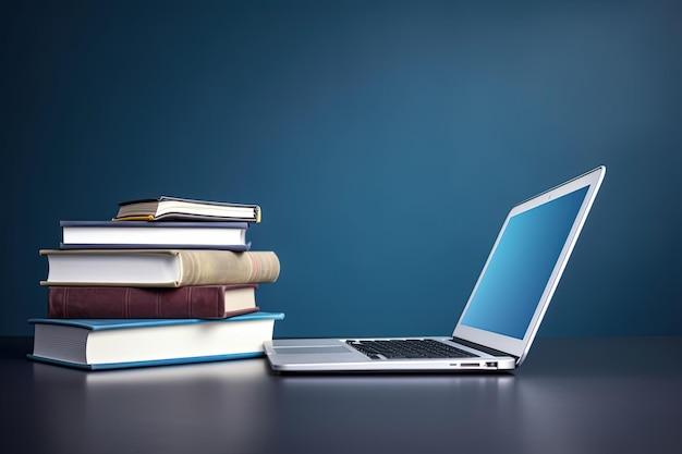 Laptop and books illustration technology and knowledge concept blue background Generative AI