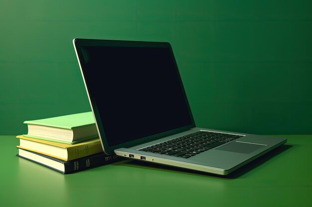 Laptop and books illustration technology and knowledge concept green background generative ai