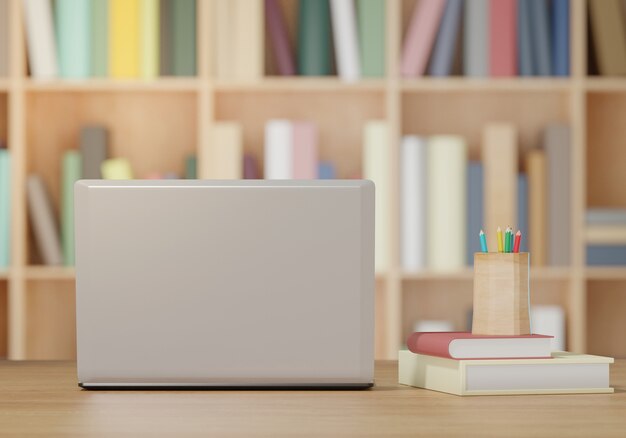 Laptop and books on wooden table, Back to school concept 3D rendering