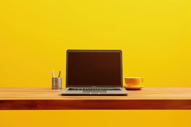 Laptop bovenop een houten tafel op een gele achtergrond AI