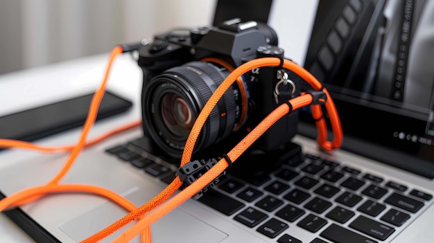 Photo laptop and camera with orange cable on the table generative ai illustrations