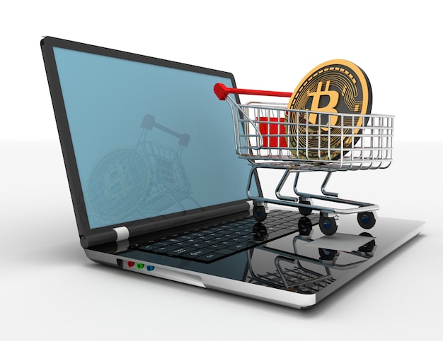 Laptop cart bitcoin . 3d illustration